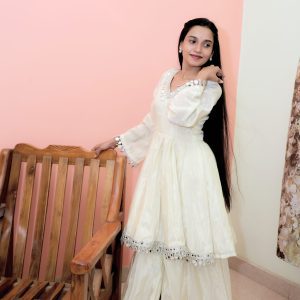 Off White Mirror Work Peplum Kurta With Sharara