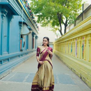 Women Cream & Maroon Cotton Silk South Indian Traditional Lehenga Saree